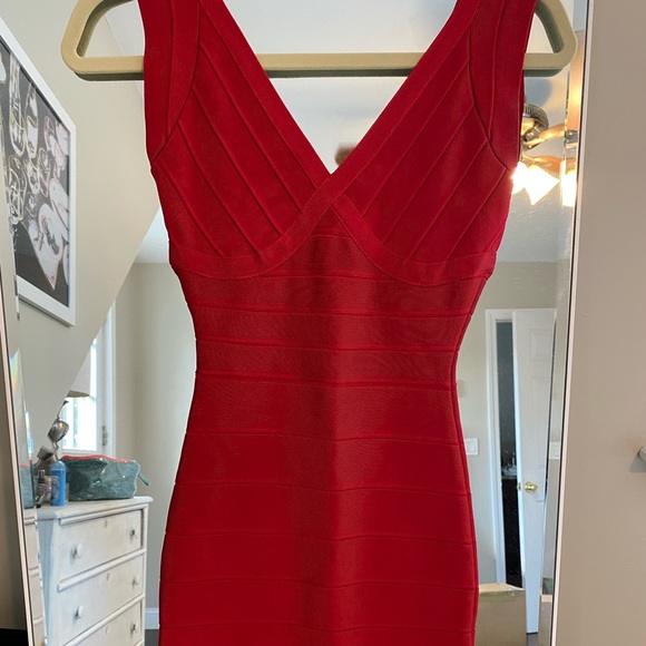 Herve Leger Red V Neck Mini Bandage Dress XS - Picture 3 of 11